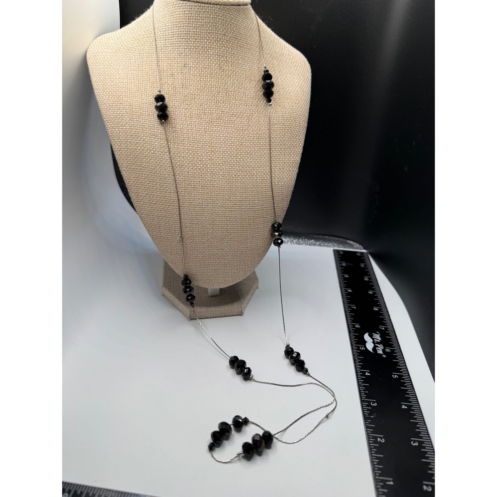 Long Black Faceted Bead Station Necklace Silver Tone Opera Length 34 Inch